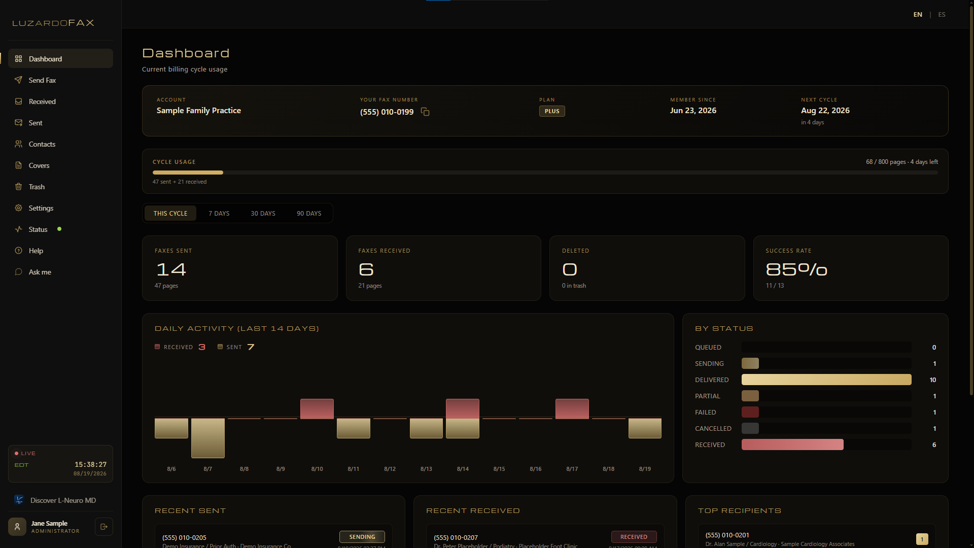 LuzardoFax dashboard showing cycle usage, faxes sent and received, daily activity chart and delivery status breakdown
