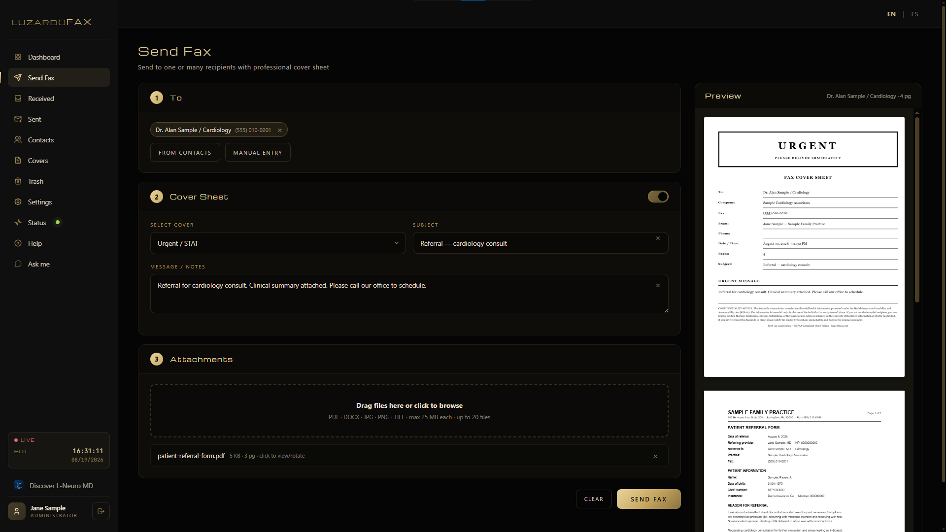 Sending a fax in LuzardoFax with recipient selected, cover sheet enabled and a live preview of the cover page