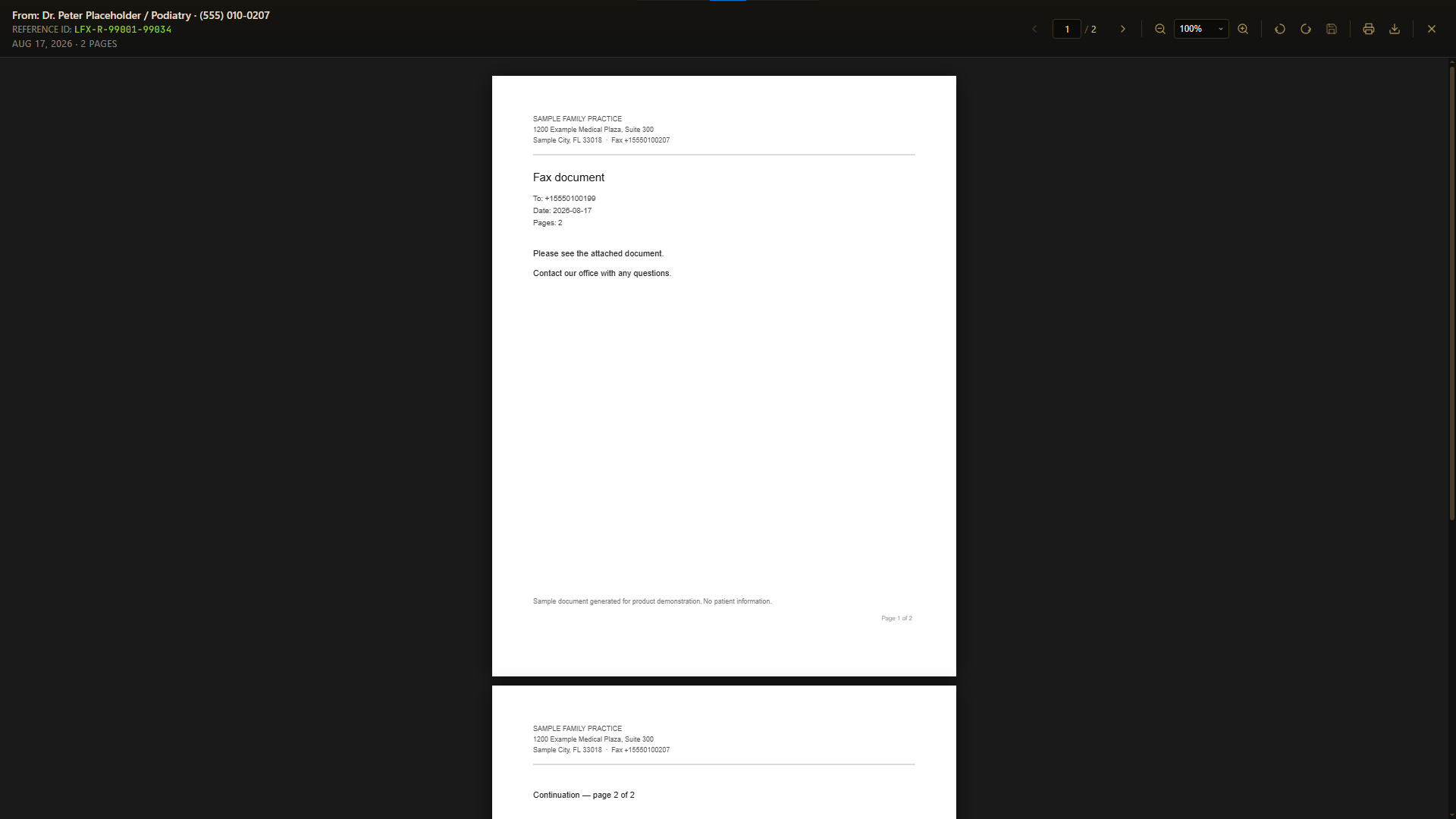 LuzardoFax fax viewer showing a received document with page navigation, zoom, rotate and print controls