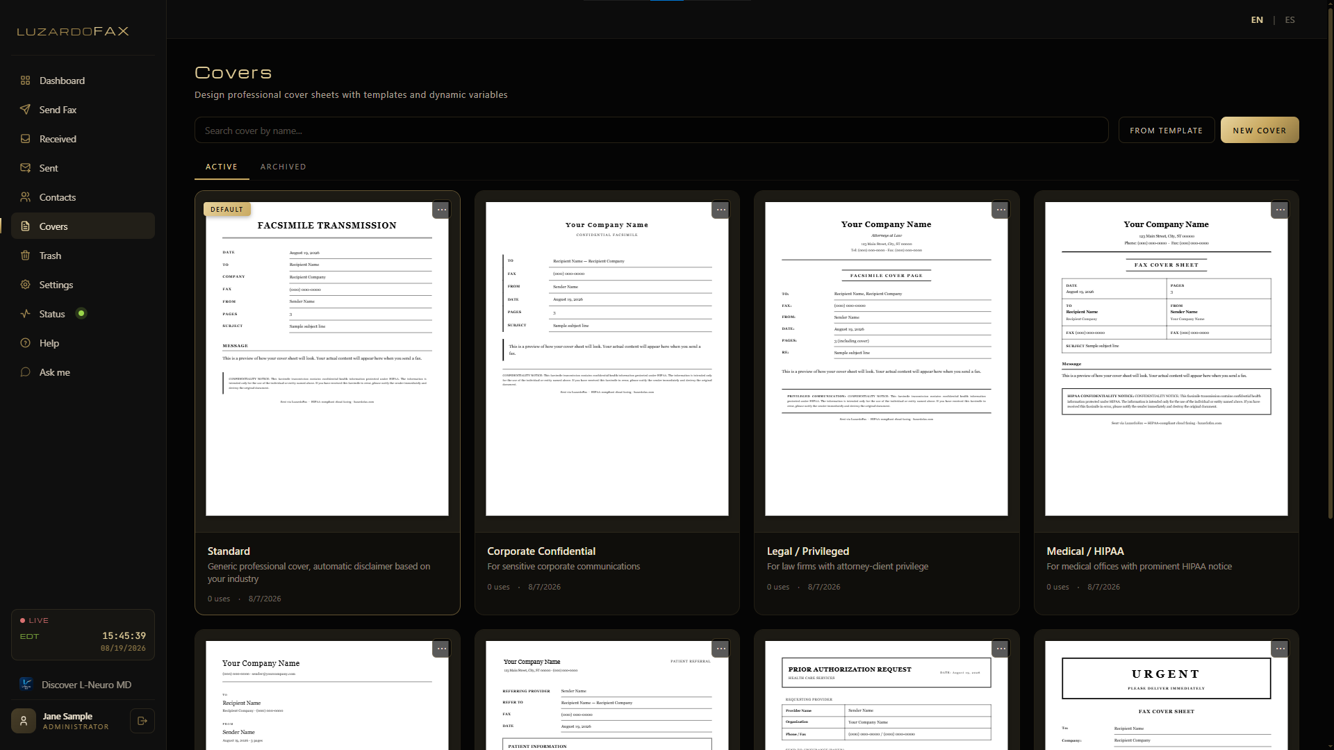 Cover sheet templates in LuzardoFax: Standard, Corporate Confidential, Legal Privileged and Medical HIPAA