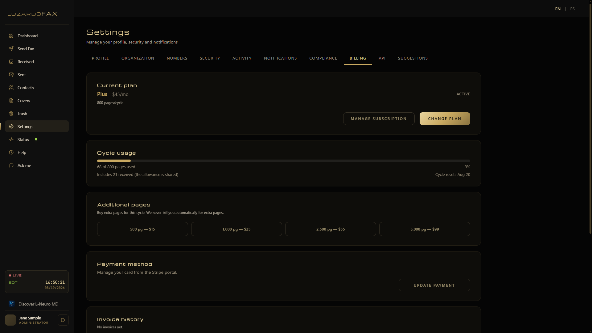 Billing screen in LuzardoFax showing current plan, cycle usage, one-time page bundles and payment method
